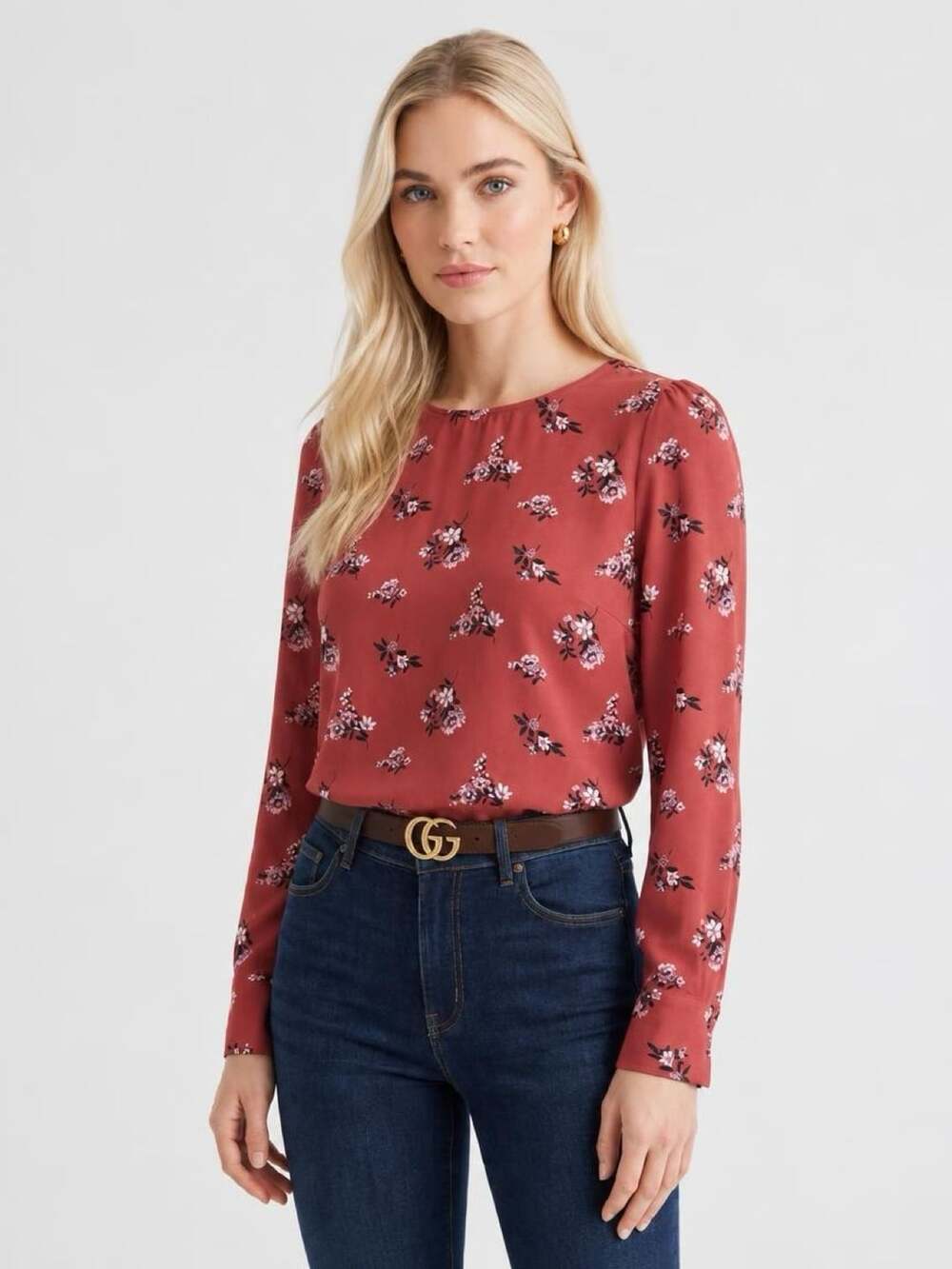 Loft Floral Blouse Size MP Red Long Sleeve Petites Top